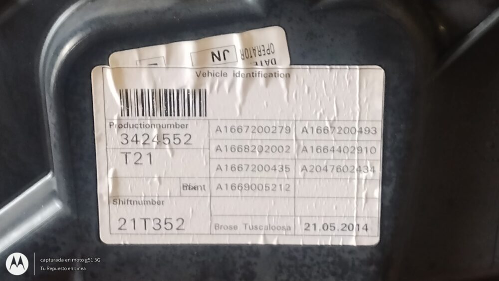 Mercedes-benz Ml 350 2014 Panel Elevador Cristal Tras Derecho