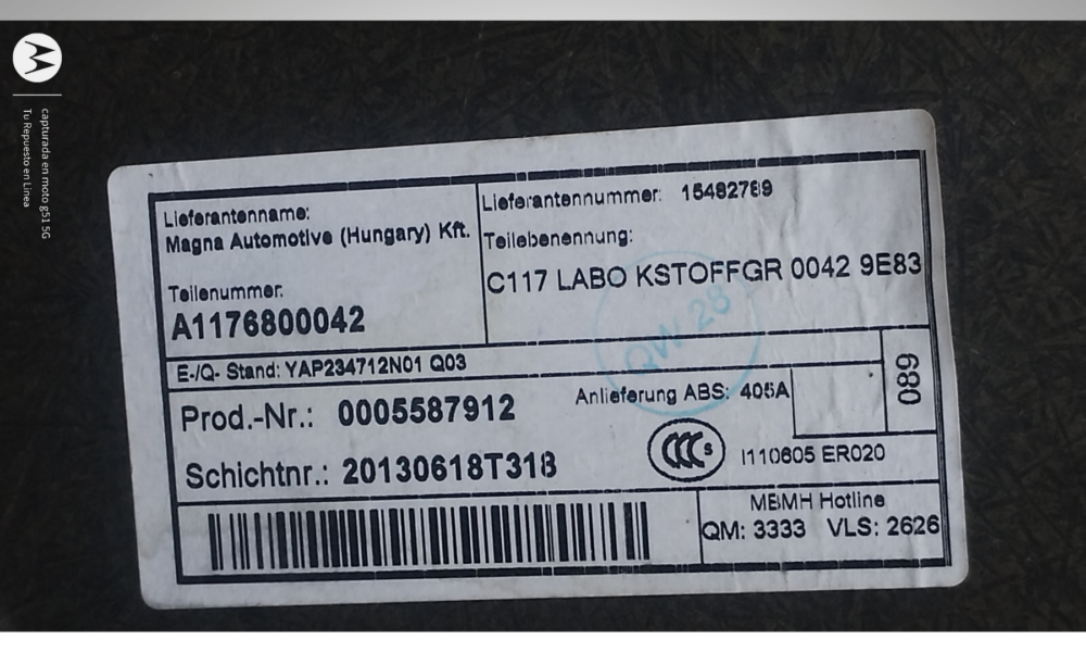 Mercedes-benz Cla 200 2014 Tapete Cajuela A1176800042